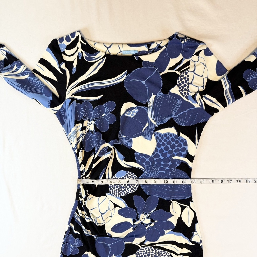 J McLaughlin Size S Blue Floral Catalina Cloth Ruched Sheath Dress 3/4 Sleeve - Picture 7 of 15